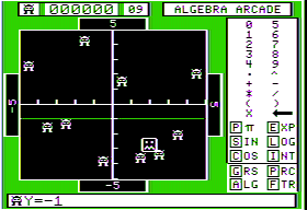 A screenshot from the Apple II game &ldquo;Algebra Arcade,&rdquo; showing two axes with 11 &ldquo;algebroids&rdquo; and 1 &ldquo;graph gobbler,&rdquo; as well as a green line representing the expression Y=-1.