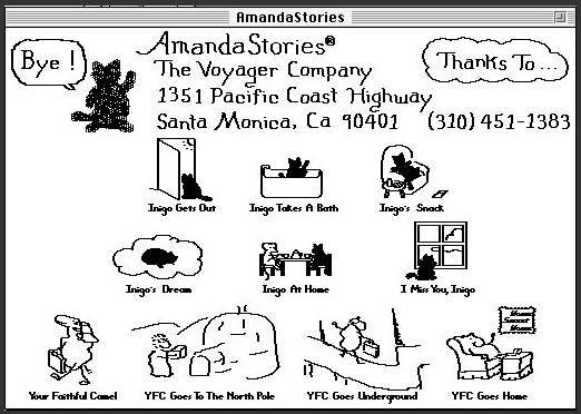 The main title card for AmandaStories. There are icons linking to each of the included stories in the package, along with the name and contact information for the game’s publisher.