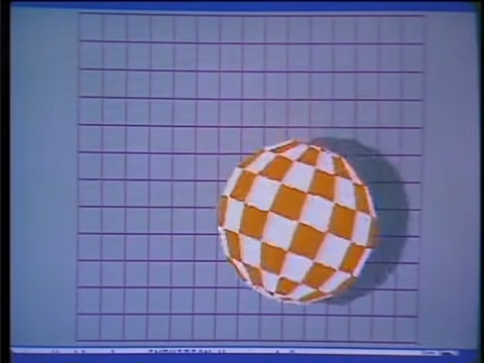 A 3-D model of soccer ball covered with a red-and-white checkered pattern bouncing against a blue background overlaid by a square grid.