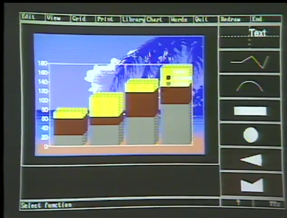 A screenshot of Ashton-Tate’s “Draw Applause.” There is a stacked bar graph set against a background of a tropical beach. There is a menubar at the top of the screen and a selection of drawing tools on the right side.