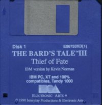 3.5-inch floppy disk of &ldquo;The Bard&rsquo;s Tale III: Thief of Fate&rdquo; for the IBM and compatible PCs.