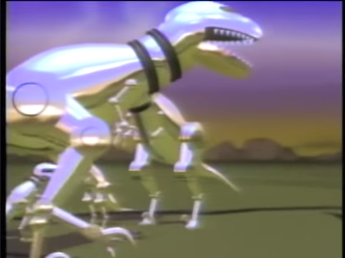 A group of chrome-plated dinosaurs walking around a computer-generated desert landscape.
