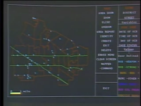 A screenshot from a program designed to map crime statistics in a city. The left part of the screen is dominated by a map represented by red and green lines, with white dots indicating specific crimes. The right side of the screen has a variety of technical information about the software.