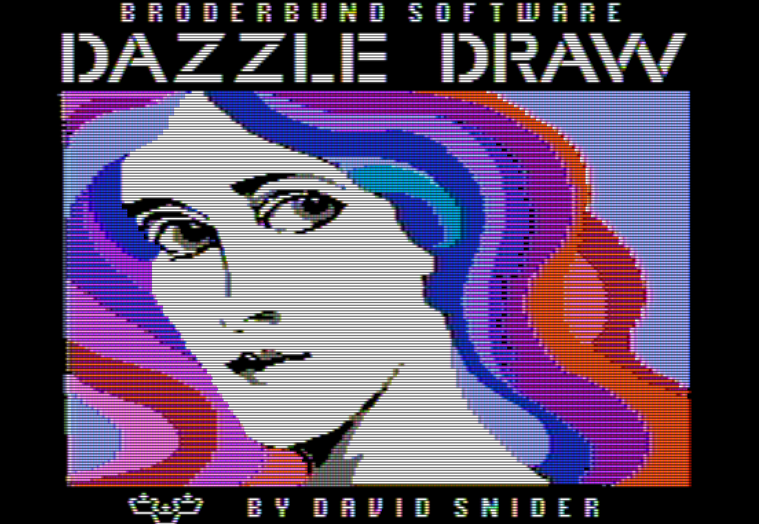 The title screen for Broderbund Software&rsquo;s &ldquo;Dazzle Draw&rdquo; by David Snider, which featured a computer-generated image of a woman&rsquo;s face with wavy, multi-colored hair.