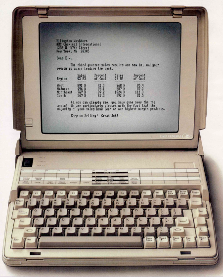 The Data General-One portable computer, featuring a black-and-white LCD displaying a sample file from a spreadsheet program.