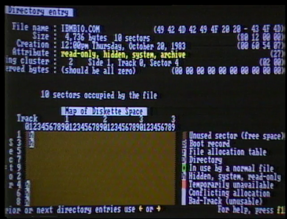 A sample screen from Peter Norton&rsquo;s &ldquo;DiskLook.&rdquo; On the top of the scren is metadata about the diskette, including the file name, size, and creation date. On the bottom is a &ldquo;map of diskette space&rdquo; showing used and unused sectors.