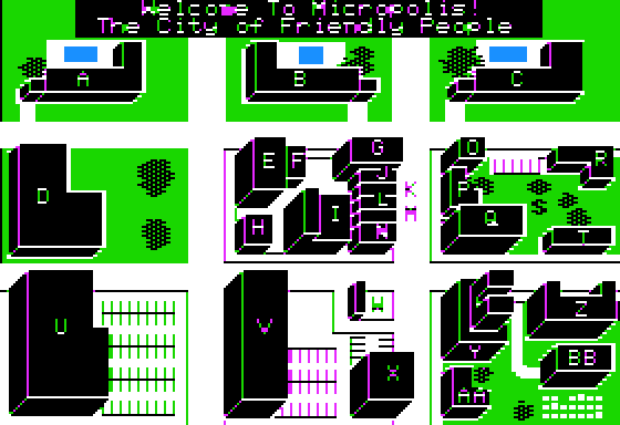 The city map screen from the game &ldquo;Murder by the Dozen.&rdquo; This is a top-down map showing a three-by-three grid of city streets with multiple buildings on each block. The buildings are lettered to facilitate player selection.