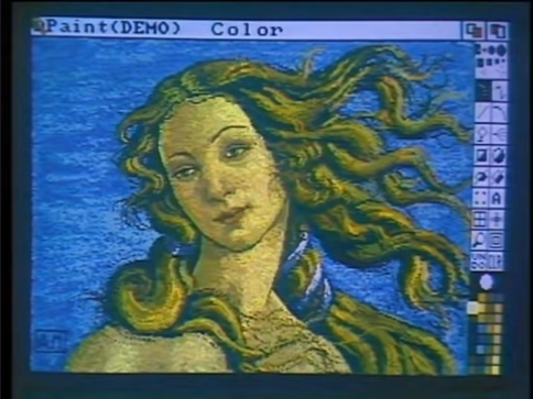 A computer-painted image of a nude woman with long, flowing brown hair and standing against a blue background.