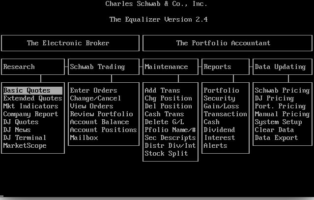 A text-based menu system. There are two broad categories, &ldquo;The Electronic Broker&rdquo; and &ldquo;The Portfolio Accountant,&rdquo; with five menus underneath: Research, Schwab Trading, Maintenance, Reports, and Data Updating.