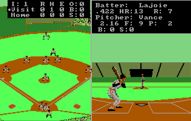 A screen from &ldquo;Earl Weaver Baseball&rdquo; running in an MS-DOS emulator. The screen is divided into two halves. The left half shows an overhead view of a baseball diamond with a scoreboard at the top. The right half shows a third-person view of a batter facing a pitcher. The statistics for the pitcher and the batter are displayed in a separate text box. 