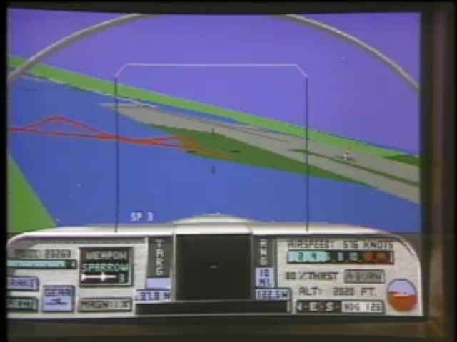 A screen image from &ldquo;F/A-18 Interceptor,&rdquo; showing a cockpit view from a combat aircraft.
