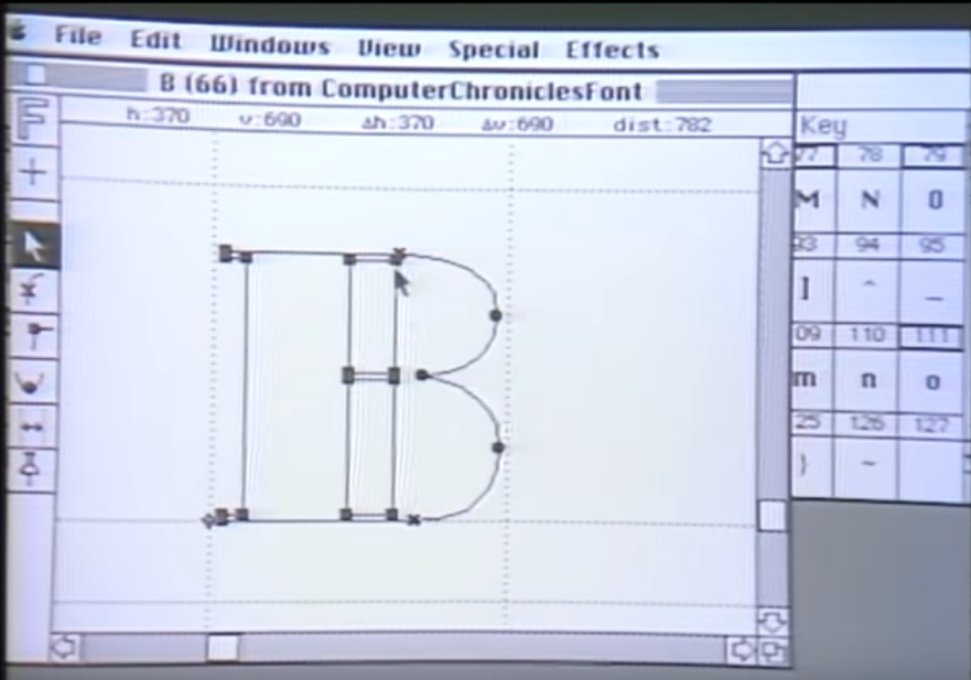 A screenshot from the program &ldquo;Fontographer&rdquo; running on a Macintosh 512K. There is a drawing of a letter &ldquo;B&rdquo; in the center of the screen showing the various points and lines that make up the character.