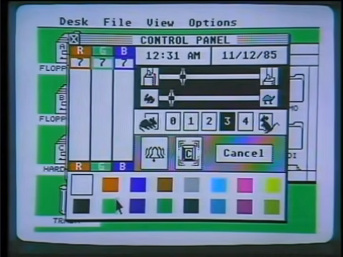 A box subdivided into multiple parts. On the top left there are red, green, and blue color sliders. On the top right there are sliders to control the response time of the keyboard and mouse. On the bottom there is a color palette selector with 16 colors.