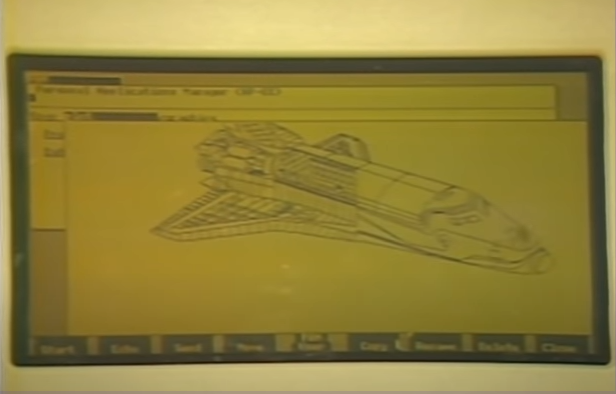 A drawing of the NASA Space Shuttle orbiter on the monochrome black-and-amber display of the HP 100 Portable computer.