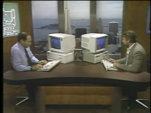 Stewart Cheifet and Gary Kildall on the set of &ldquo;Computer Chronicles&rdquo; demonstrating the local area networking feature of &ldquo;Falcon.&rdquo;