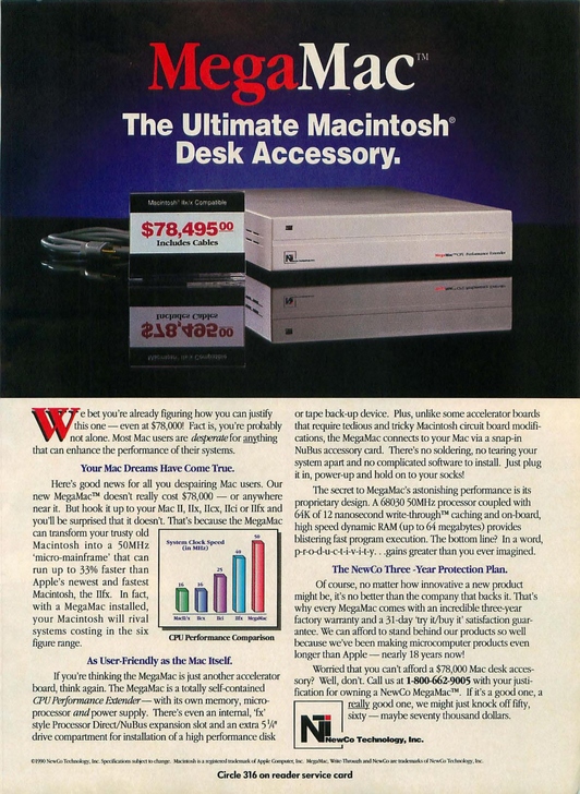 A full-page ad for the MegaMac, an accelarator board for the Macintosh II with a fake retail price of $78,495.