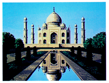 An image of the Taj Mahal created in Activision’s “Paintworks Gold.” There is a reflection of the Taj Mahal in a pool beneath the main building.