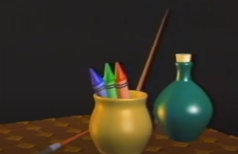 An early computer graphics demo by Pacific Data Images, showing a cup filled with crayons and a corked blue flask.