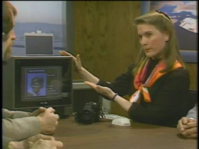 Jennifer Moller with Gary Kildall on the set of &ldquo;Computer Chronicles.&rdquo; Moller is showing the &ldquo;PicturePower&rdquo; system, including a video monitor on the desk, a video camera, and a PC with a digital imaging expansion card.