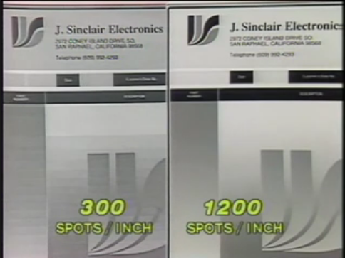 A side-by-side comparison of a corporate form. The form on the left side was produced at 300dpi by an Apple LaserWriter, while the form on the right was produced at 1200dpi using a traditional typesetting method.