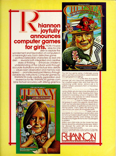 “Rhiannon joyfully announces computer games for girls.