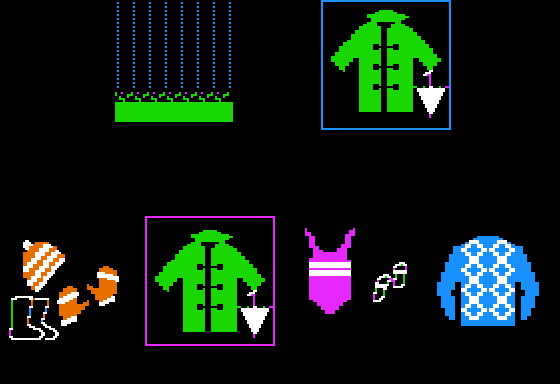 A matching mini-game from &ldquo;Sarah and Her Friends.&rdquo; The top left window shows a rainstorm outside. The bottom of the screen shows four options for clothing to wear outside: A winter hat, mittens, and boots; a raincoat; a bathing suit and sandals; and a sweater. The raincoat is selected as the player&rsquo;s choice.