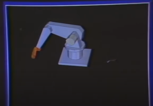 3D rendering of a moving robotic arm, created by the Silicon Graphics IRIS 1400 system.