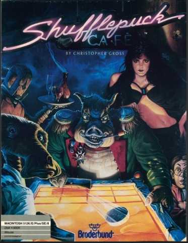 The front cover of the “Shufflepuck Café” box. The cover art includes illustrations of a human woman and sevearl alien creatures standing over an air hockey table.