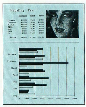 A demonstration of &ldquo;Trapeze&rdquo; taken from MacWorld magazine. The top part of the screen is divided into two sections, with a spreadsheet table on the left and a digitized photograph of a woman&rsquo;s face on the right. The bottom part of the screen displays a multi-level bar graph