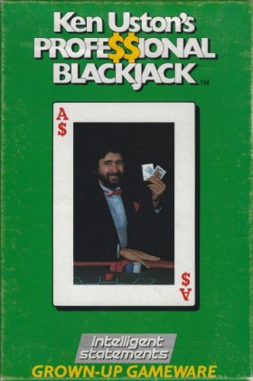 Cover art of &ldquo;Ken Uston&rsquo;s Professional Blackjack.&rdquo; The title of the game is at top. In the center there is a playing card with a cutout photo of Ken Uston wearing a tuxedo and holding two cards up while sitting at a blackjack table. At the bottom there is the logo of Intelligent Statements, Inc., and its slogan &ldquo;Grown-Up Gameware.&rdquo;